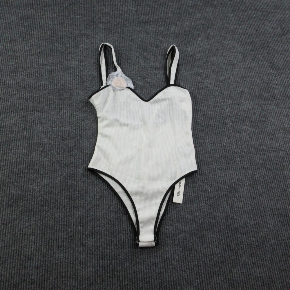 COMMENSE One Piece Womens S White Ribbed Lace Trim Removable Pads Lined NWT